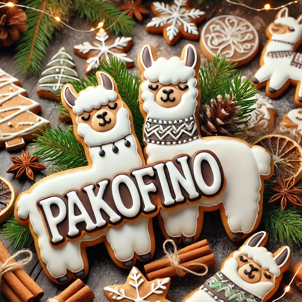 Zwei künstliche Pakofinos sind mit dem Pakofino-Text miteinander verbunden. Dahinter sind außerdem einige Lichter, weihnachtsbaum und Pakofinos zu sehen.